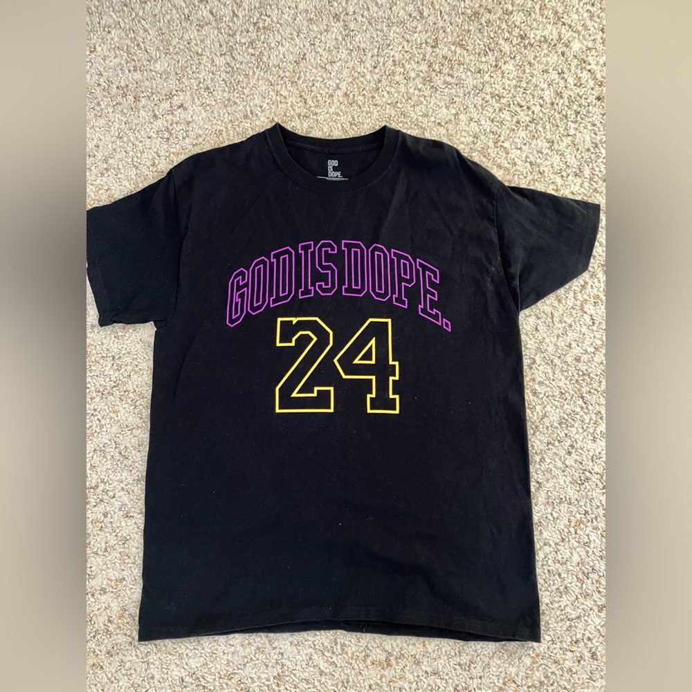 Black Graphic Tee with Purple and Yellow Accents